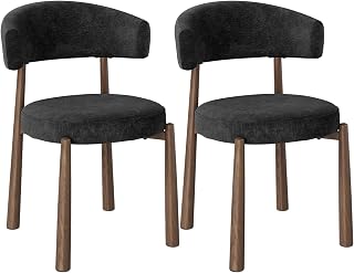 Juego de 2 Sillas de Comedor,Chenilla,Negro | Asiento con Acolchado Grueso, Estructura Metálica Acabado Nogal, para Cocina, Salón, Dormitorio, Capacidad de Carga 150 kg
