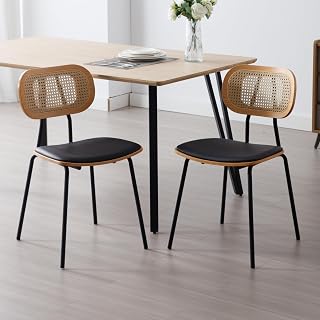 2PCS Sillas de Comedor con Asiento Cuero PU, Negro | Sillas de Cocina con Respaldo Ratán, Sillas Modernas con Patas de Metal para Mesa, Sin Brazos