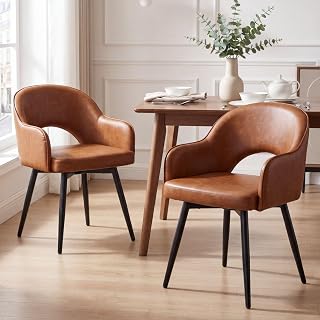 Juego de 2 Sillas de Comedor Silla Cocina Giratoria,Marrón | PU Cuero, Giro 360, Patas Metal, Cojín Comodo , Brazos y Respaldo Hueca, Antideslizante, para Hogar/Restaurante, MAX 113KG
