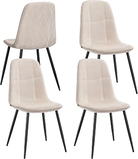 Sillas de Comedor, Juego de 4, Soporte de Metal, Pies Ajustables, Fácil Limpieza, Sillas de Cocina, Tejido de Chenilla, PU con Textura Brillante, Blanco Crema KDC188W01