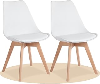 Pack de 2 Sillas de Comedor, Sillas de Cocina con Respaldo Ergonómico, Asiento Acolchado Tapizado y Patas de Madera Maciza de Haya, Blanco