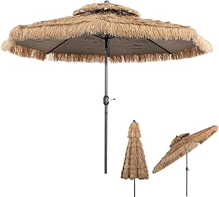 Sombrilla Paja Hawaiana 3/2,7m, Parasol de Jardin Inclinable con 8 Varillas, Sombrilla Terraza Exterior con Techo Doble para Piscina，Patio