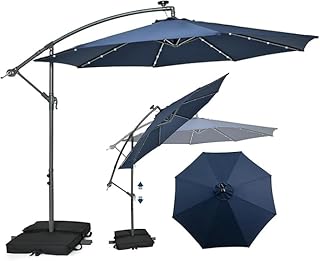 Sombrilla Terraza 3x3m con 40 Luces LED Solar, Sombrilla Inclinable con Base en Cruz, Manivela Manual y 2 Sacos de Arena, Protección Solar, Parasol para Jardín, Terraza y Patio