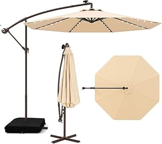 Sombrilla Terraza 3x3m con 40 Luces LED Solar, Sombrilla Inclinable con Base en Cruz, Manivela Manual y 2 Sacos de Arena, Protección Solar, Parasol para Jardín, Terraza y Patio