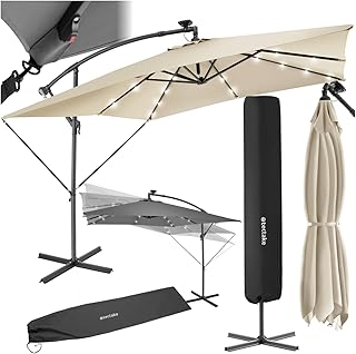 Sombrilla Terraza Exterior con Iluminación Solar LED, Sombrilla Playa con Manivela Manual e Inclinación Ajustable, Sombrilla Jardín, Parasol Terraza, Ø250cm, con Funda Protectora