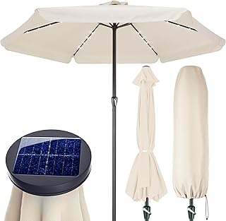 Sombrilla LED 330cm Redonda Manivela Mástil Aluminio Protección UV 80+ Parasol Solar Jardín Balcón Terraza Repelente al Agua Cubierta Protectora Crema
